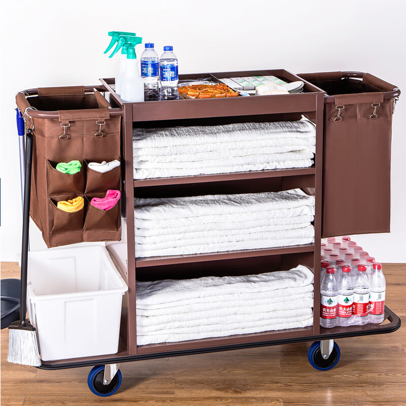 Hotel room multi-function hand push linen cart cleaning work cart cleaning cart bag room entrance hygiene service cart (quality stainless steel wood double-sided