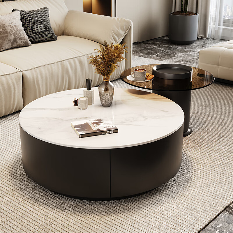 Mosu high-end slate coffee table living room light luxury coffee table small and large household table gray glass round modern simple coffee table cloud white + brown glass combination 80+60 complete set