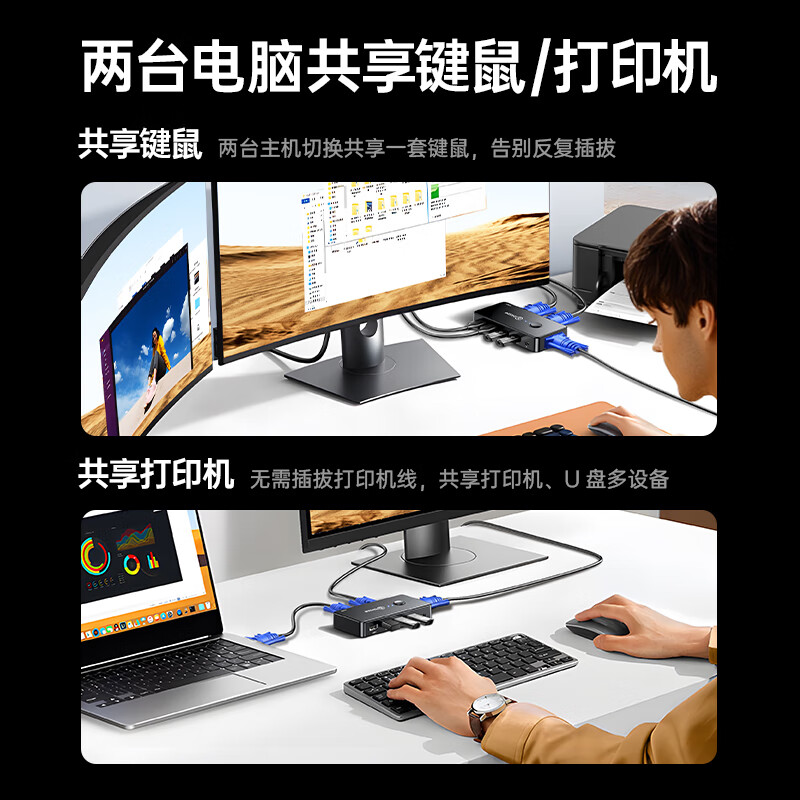 Biaz VGA KVM switch video screen cutter 2-in-1 desktop host laptop converter 2-port monitor keyboard mouse printer sharing device