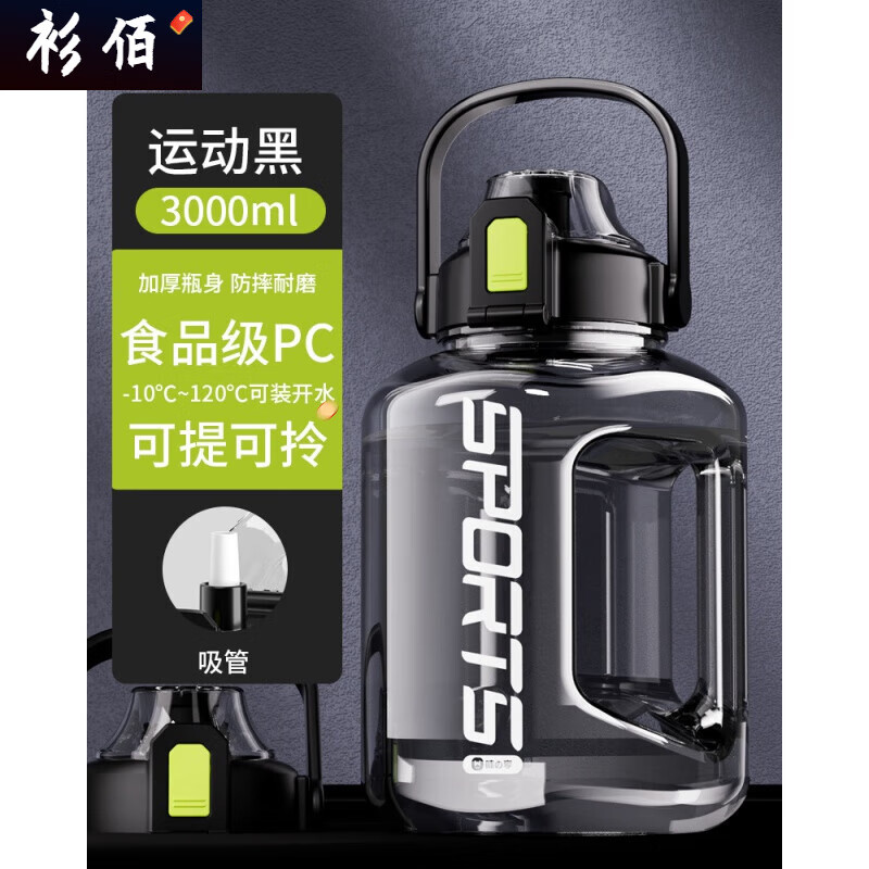 Qinkai Water Cup Large Capacity Summer Sports Bottle Boys Ton Bucket Ton Water Cup Men's Space Cup Dayton Bucket Big Belly Cup 3.0L Sports Black Can Hold Boiled Water + Export PC + Straw + Handle