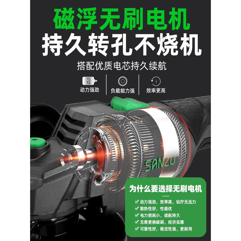 Sanzhu SZ-100 brushless lithium angle grinder high-power rechargeable lithium battery household multi-functional handheld grinder 21V/4.0Ah angle grinder two batteries and one charge