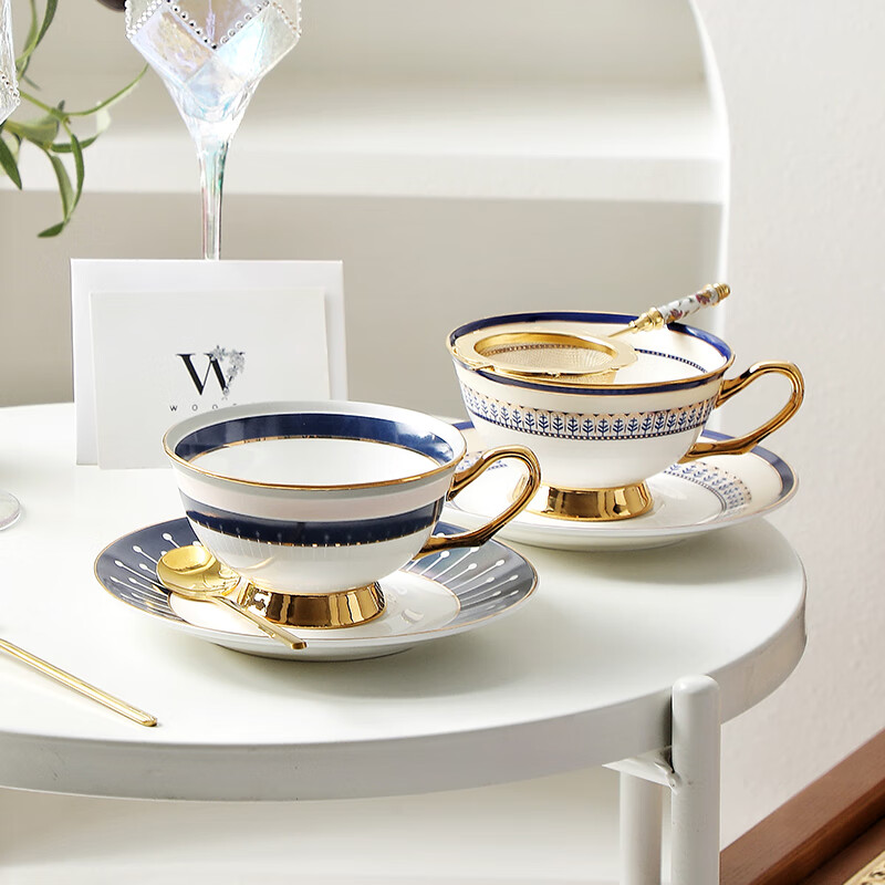 WOOCH Ouya Blue Couple Cup and Saucer Gift Box, High-End Exquisite Coffee Cup for Best Friend to Move into a New Home, Wedding Souvenir Ouya Blue Series Cup and Saucer Matching Cup + Platinum Gift Box