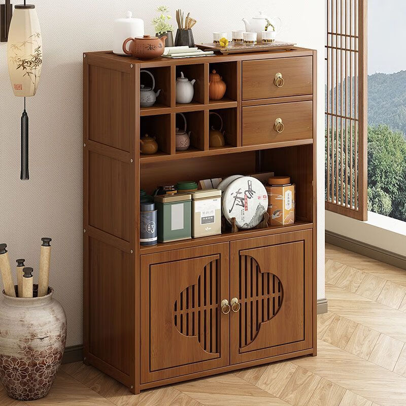 Jingci tea cabinet household tea room tea rack Bogu rack tea cabinet storage rack Chinese tea table table side cabinet tea set storage rack three layers long 50 left double drawer double door style thickened and reinforced