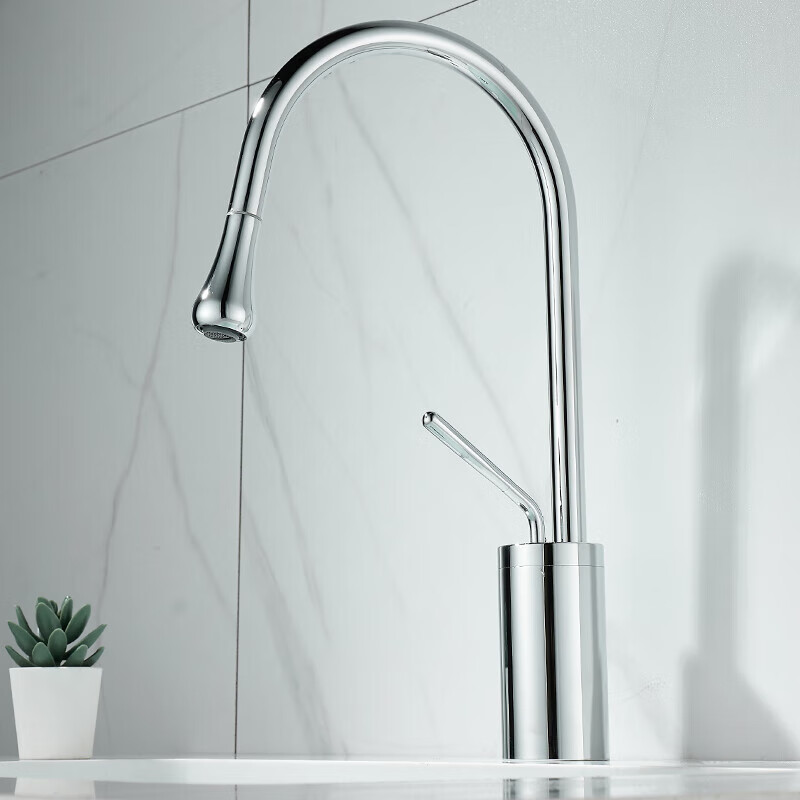 Qian Dushan gun gray pull-out faucet countertop basin heightened bathroom wash basin full copper telescopic rotating faucet hot and cold S silver medium style