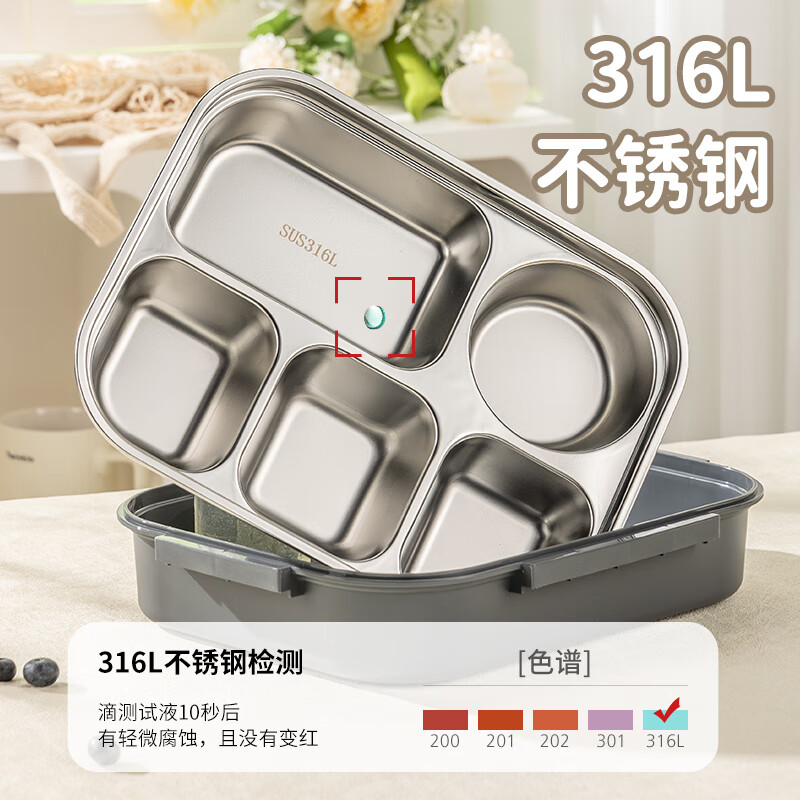 Guangyi 316L stainless steel insulated lunch box for students and office workers, portable dinner plate with 5 compartments and cutlery, gray GY7494
