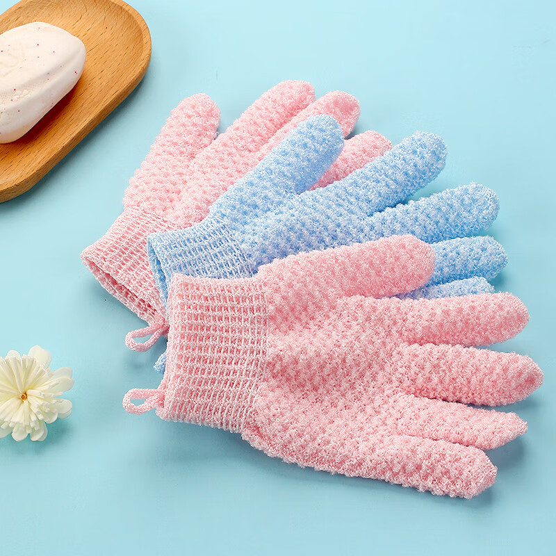 Bath gloves, five-finger creative household bath towel, universal for all seasons, student accommodation bath cleaning artifact, five-finger bath gloves 2 pieces - pink + blue