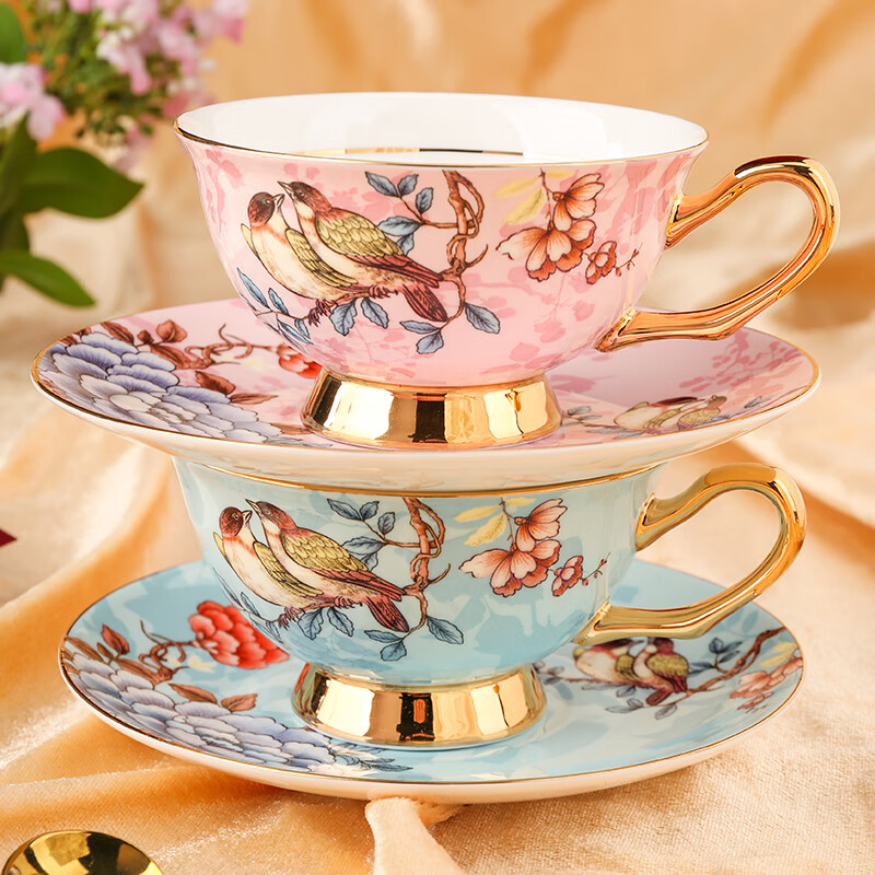 The Beauty of Forever Bone China Coffee Cup Set Gift Box Souvenir Afternoon Tea Cup for Wedding and Birthday Gift High-end 6 Cups and Saucers + Pink Bird 3-Character Pot - Red Gift Box Forever