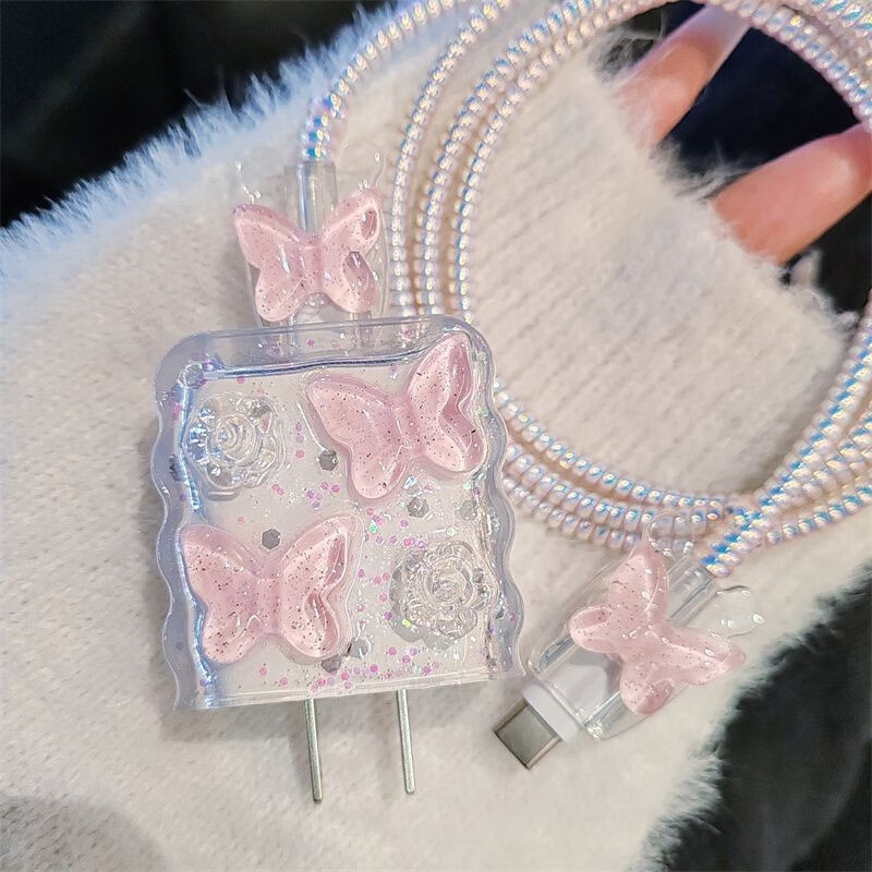 Aibido Apple suitable for 20W mobile phone data cable protective case suitable for iPhone14 charger case 13ipad12 soft 16 head protection + both ends protection + line protection flower pink butterfly
