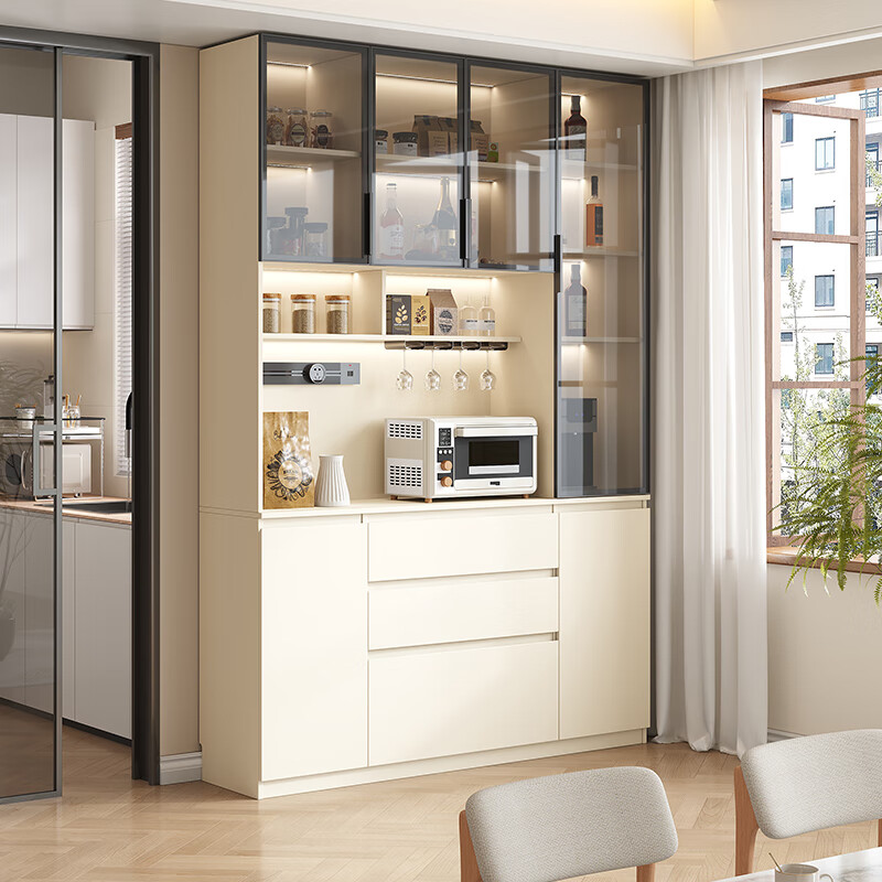 Customized solid wood built-in dining table and sideboard combination with wooden lattice, small apartment, cream style wine cabinet, dining room, living room storage cabinet, 1.7m long