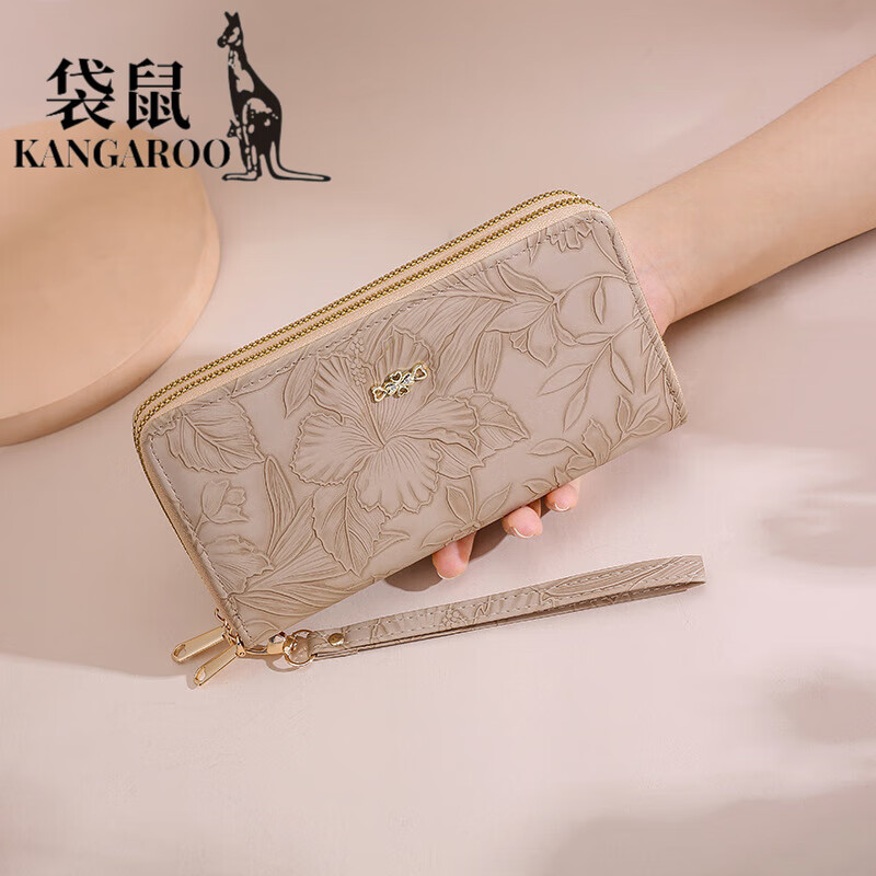 Kangaroo (KANGAROO) Wallet Women's Chinese Valentine's Day Wallet Fashion Long Large Capacity Clutch High-end Feeling Good Quality Long Wallet Khaki