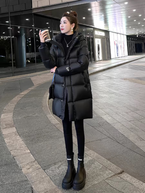 Aosijie high-end brand down jacket women's mid-length 2025 winter new loose temperament thickened white goose down hooded jacket black (black gold 90 white goose down series) M 105-120 catties