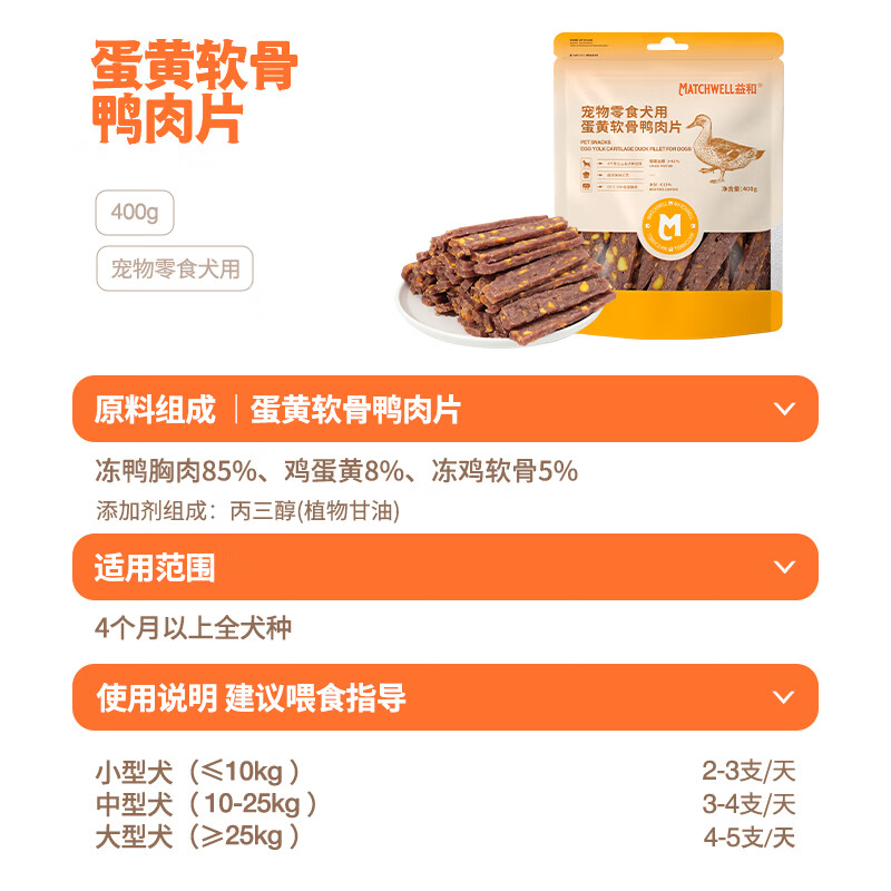 MATCHWELL Dog Snacks Pet Snacks Egg Yolk Cartilage Duck Meat Slices for Large, Medium and Small Dogs 400g/bag