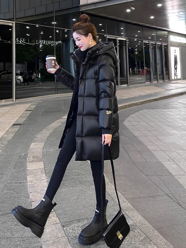 Aosijie high-end brand down jacket women's mid-length 2025 winter new loose temperament thickened white goose down hooded jacket black (black gold 90 white goose down series) M 105-120 catties