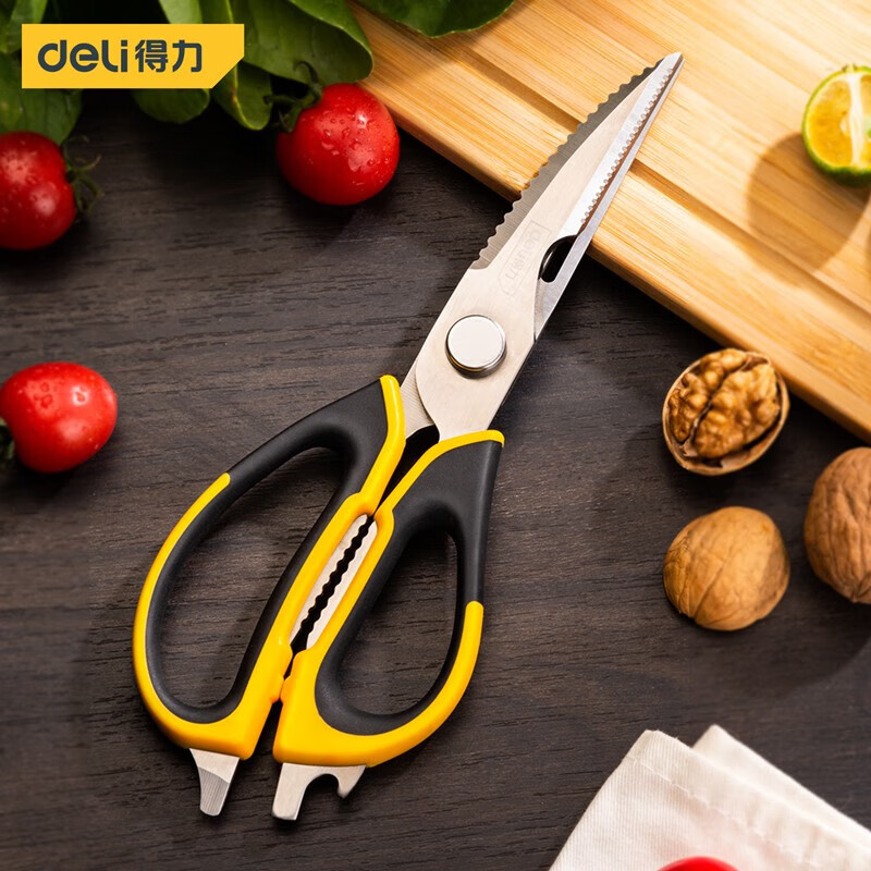 Deli multifunctional kitchen scissors for household use, special for cutting vegetables, barbecue, chicken and duck bones, large stainless steel powerful scissors, multifunctional scissors 225mm DL358019