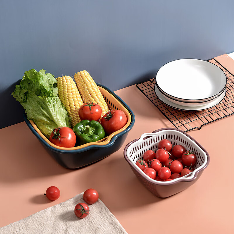 LZJV double-layer plastic vegetable washing and draining basket kitchen artifact multi-functional living room fruit plate household fruit and vegetable basket storage double-layer small rounded corners two-piece trial set