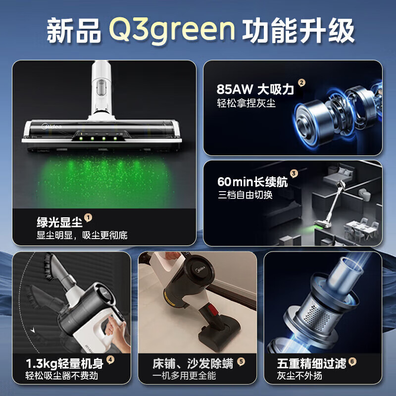 Midea vacuum cleaner household Q3 Green wireless handheld vacuum cleaner high-power super suction green light dust display mite removal dust car-mounted lightweight large suction