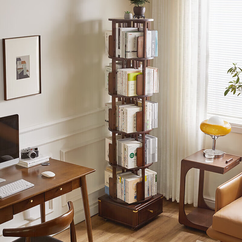 Jiayi rotating bookshelf floor-standing storage rack solid wood bookcase with wheels removable shelf floor-standing drawer storage rack