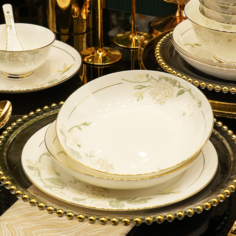 Han Ming New Year's Gift Jingdezhen Chinese-style bowls, plates and tableware complete set for home relocation bone china bowls and chopsticks set high-end upgraded version 60-piece set丨with high-end brocade box