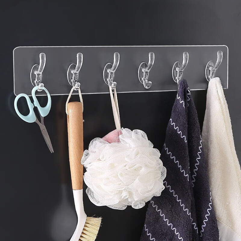 Home multifunctional storage sticky hooks transparent coat hooks behind the door bathroom row hooks long no punching 6 hooks 6 hooks no punching sticky hooks strong and reliable