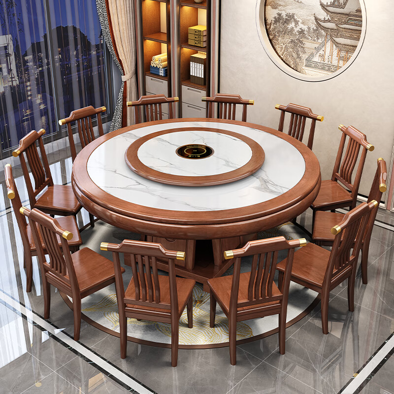 New Chinese style solid wood dining table and chair combination hotel room large round table home large round table 8 to 14 people dining table rosewood color - slate remarks 1.8m imported slate table + 12 chairs free turntable