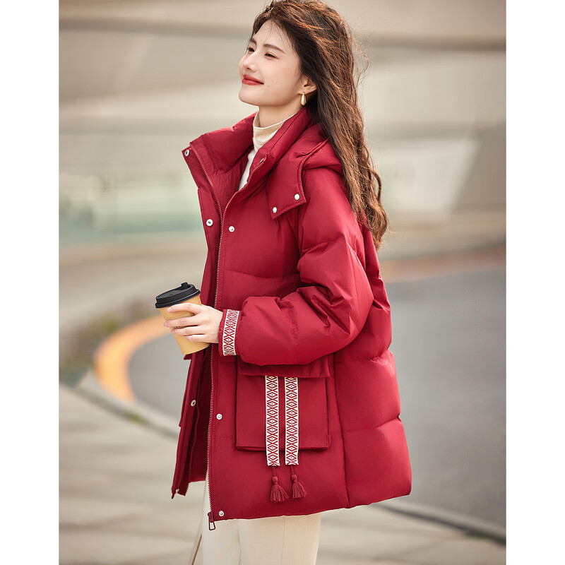 Demana is free to run to romance, winter warm 90 duck down hooded jacket, printed tassel mid-length women's down jacket