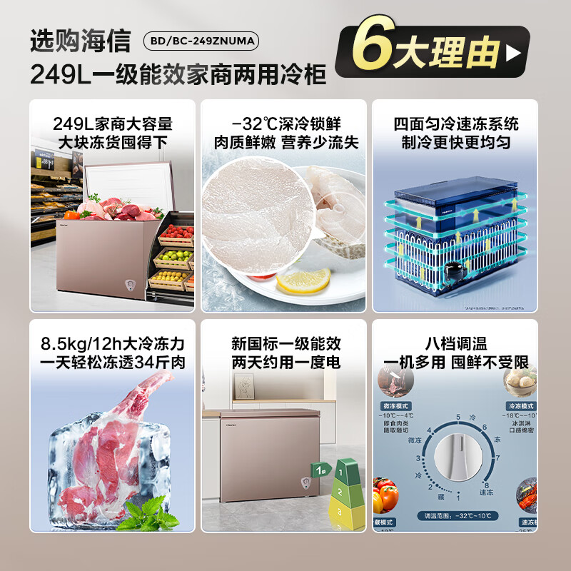 Hisense 249-liter single-temperature household freezer, first-class energy efficiency, uniform cooling, quick-freezing, deep-cooling, fresh-locking freezer, BD/BC-249ZNUMA refrigerator