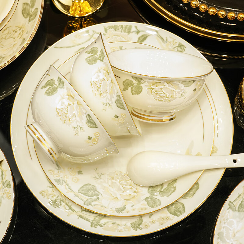 Han Ming New Year's Gift Jingdezhen Chinese-style bowls, plates and tableware complete set for home relocation bone china bowls and chopsticks set high-end upgraded version 60-piece set丨with high-end brocade box