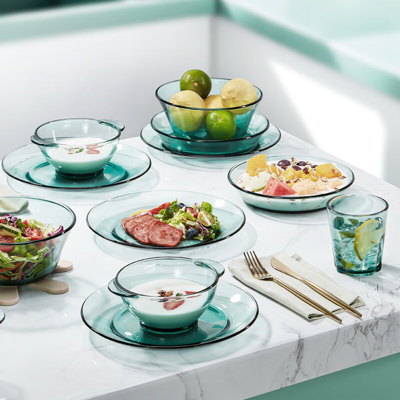 Corning tableware 12-piece heat-resistant glass tableware set Glass bowls and dishes set Lake green tableware 12-piece set