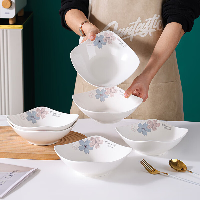 Huanjin Sifang Plate Household Ceramic Plate Tableware Dish Plate Thickened Anti-scald Fruit Plate Soup Plate Rice Plate Cold Dish Plate Salad Plate (Shuimu Tsinghua) 8-inch square plate 4 pcs