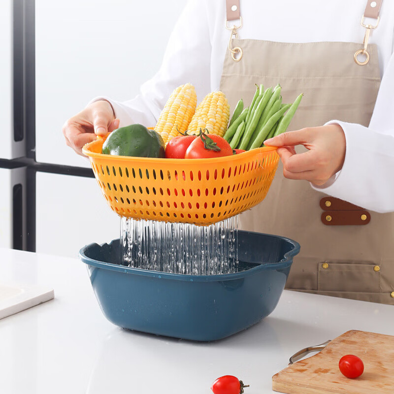LZJV double-layer plastic vegetable washing and draining basket kitchen artifact multi-functional living room fruit plate household fruit and vegetable basket storage double-layer small rounded corners two-piece trial set