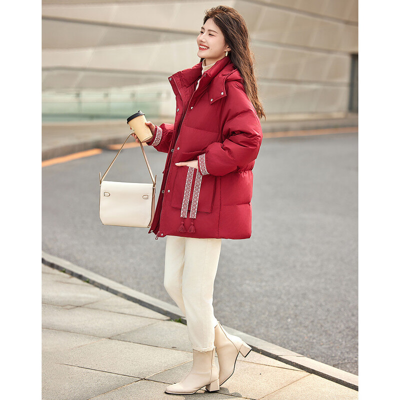 Demana is free to run to romance, winter warm 90 duck down hooded jacket, printed tassel mid-length women's down jacket