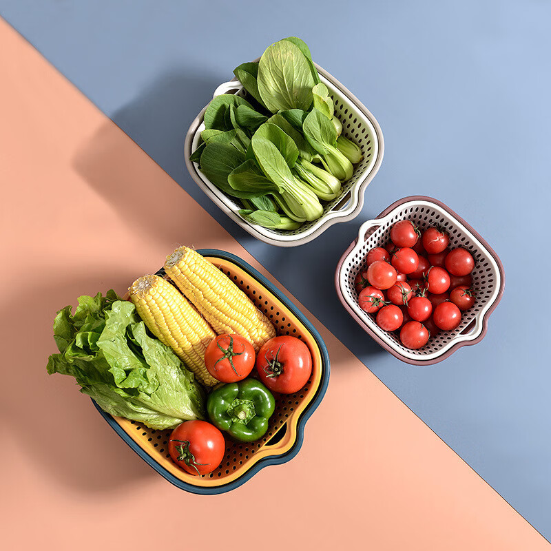 LZJV double-layer plastic vegetable washing and draining basket kitchen artifact multi-functional living room fruit plate household fruit and vegetable basket storage double-layer small rounded corners two-piece trial set