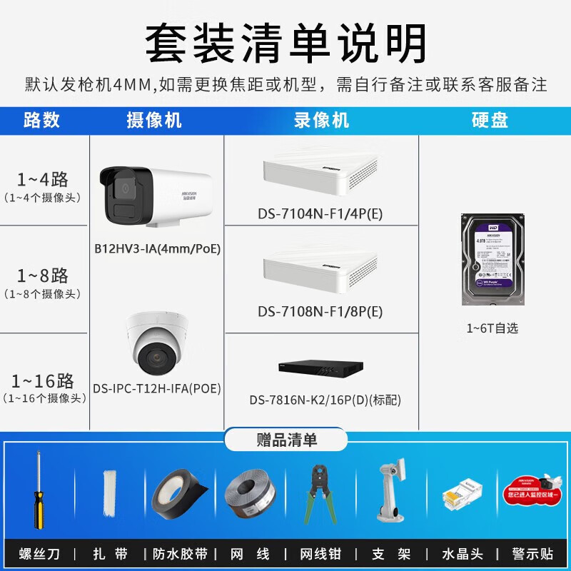 Hikvision Surveillance Suite Surveillance Camera Outdoor and Indoor White Light Full Color HD Voice Pickup POE Network Cable Power Supply Small and Medium Scenario Solution App 1-way Surveillance Suite + Host With 4TB Hard Drive + Pay-to-Door Installation