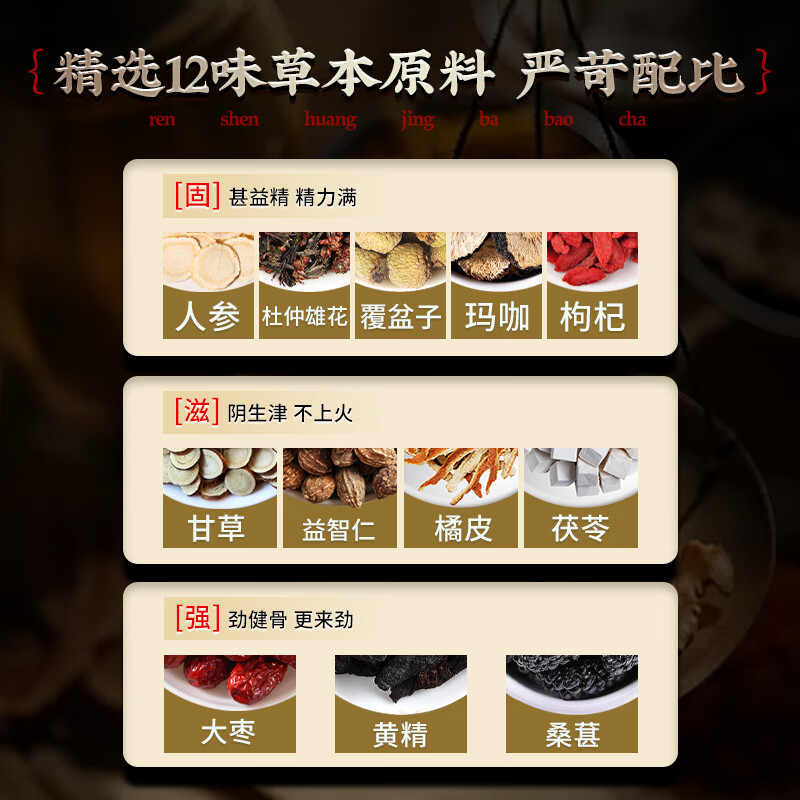 Used in the inner court: Ginseng, Wolfberry, Red Dates, Longan, Black Mulberry, Maca, Polygonatum Polygonatum, Eucommia Male Flower, Six Treasures Men's Kidney Replenishing, Eight Treasures Health Tea, 1 box, 40 small bags, Men's Nourishing Five Treasures Tea, can be paired with Men's Kidney Replenishing and Strengthening Tea.