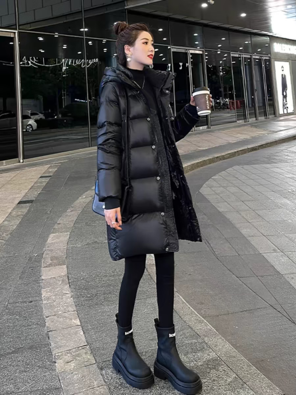 Aosijie high-end brand down jacket women's mid-length 2025 winter new loose temperament thickened white goose down hooded jacket black (black gold 90 white goose down series) M 105-120 catties