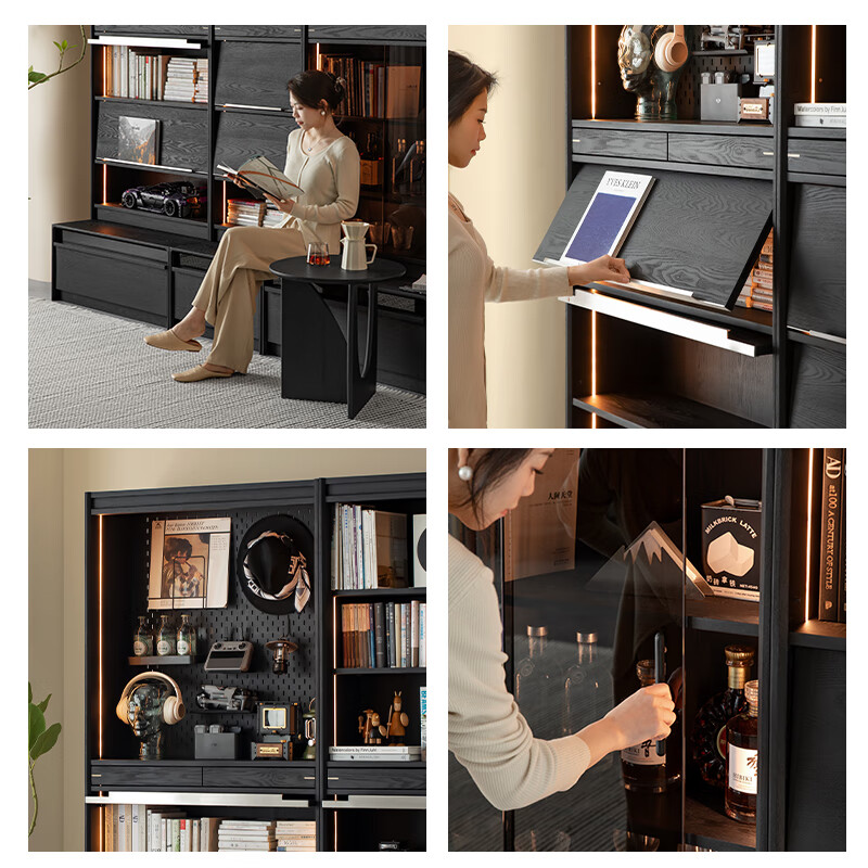 Fanye Furniture Guanshan Bookcase solid wood wall-to-wall card holder integrated living room home storage cabinet simple black bookshelf combination cabinet ash wood A+C+B+C (same model as the main picture with base)