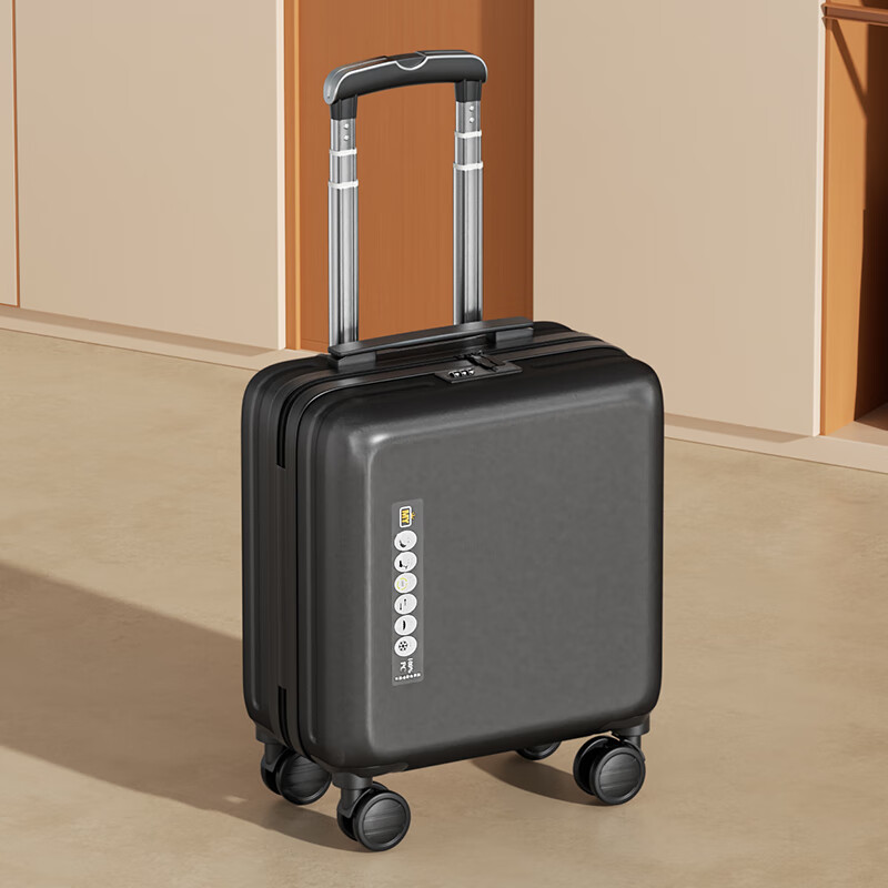 Kangaroo small suitcase, thickened and scratch-resistant business boarding case, PC suitcase, universal wheel trolley case, free checked password box, black (anti-scratch PC material + alloy trolley) 18 inches (lightweight boarding case)