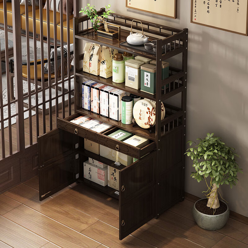 ZHUYIJIA tea cabinet small tea table new Chinese style tea table table tea side cabinet ancient storage living room storage tea can storage cabinet 3 layers 80 double drawer double door