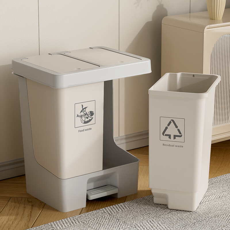 Beishan classified trash can with lid, sealed kitchen waste bucket, cleaning bucket, foot-operated double-open sanitary bucket, dry and wet separation storage bucket, dual-use design with hand and foot pedal (fresh gray)