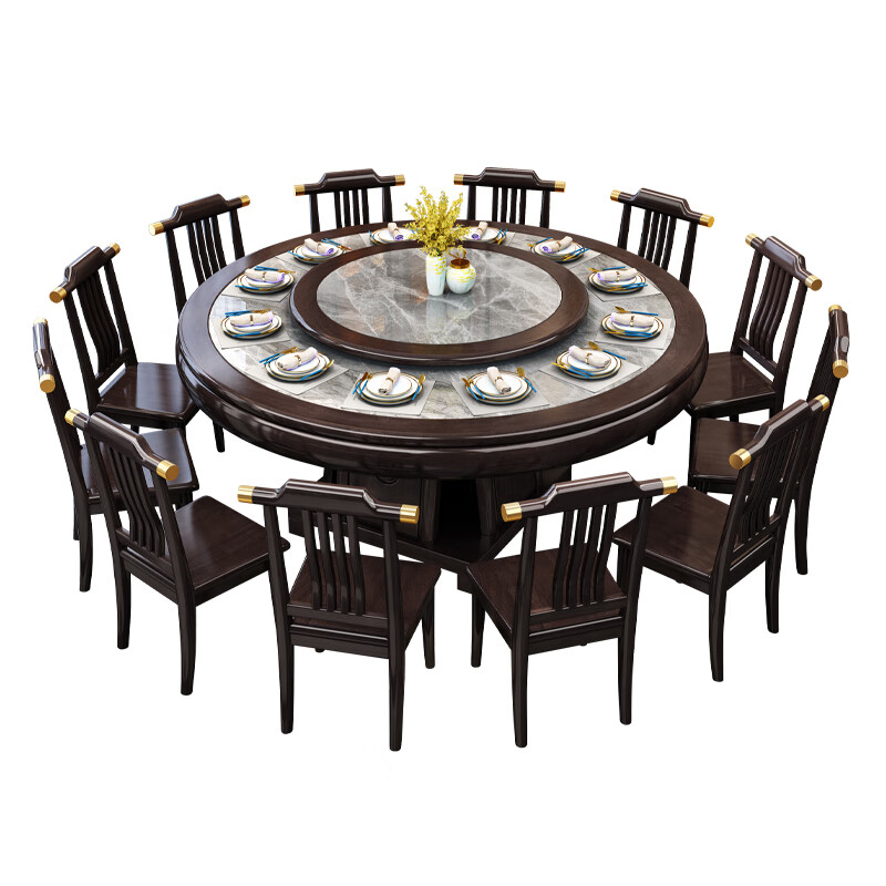 New Chinese style solid wood dining table and chair combination hotel room large round table home large round table 8 to 14 people dining table rosewood color - slate remarks 1.8m imported slate table + 12 chairs free turntable