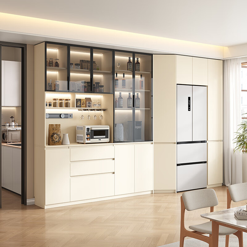 Customized solid wood built-in dining table and sideboard combination with wooden lattice, small apartment, cream style wine cabinet, dining room, living room storage cabinet, 1.7m long