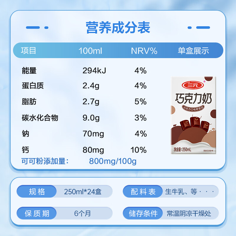 Sanyuan Chocolate Milk 250ml*24 boxes, raw milk content 80%, New Year’s gift