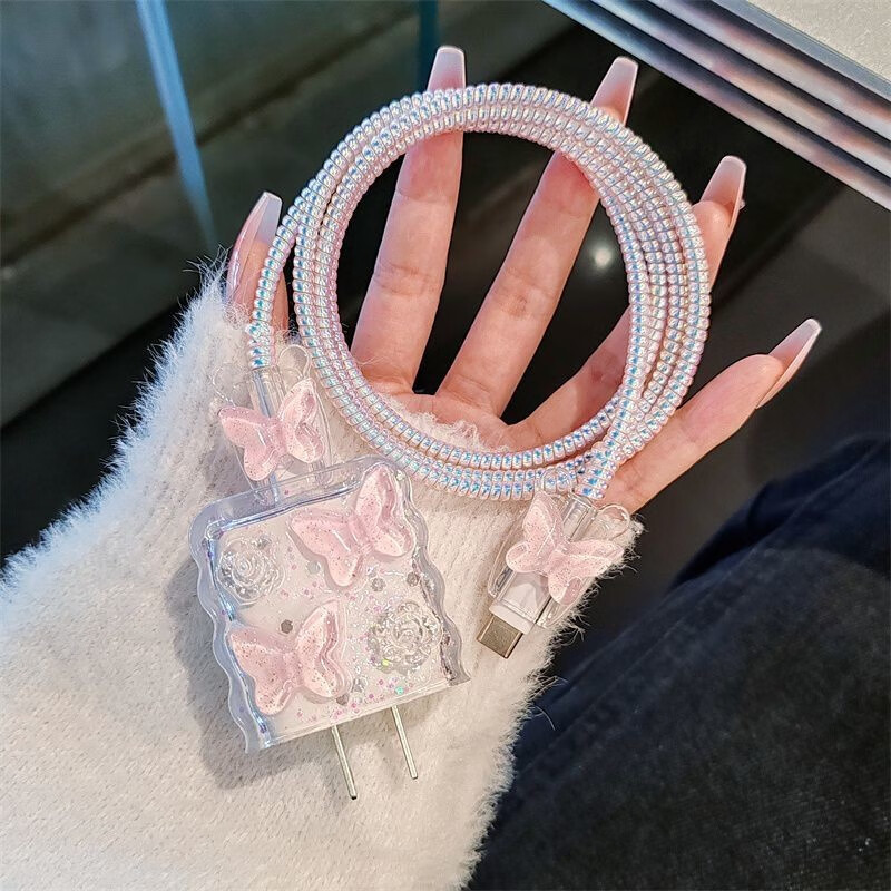Aibido Apple suitable for 20W mobile phone data cable protective case suitable for iPhone14 charger case 13ipad12 soft 16 head protection + both ends protection + line protection flower pink butterfly