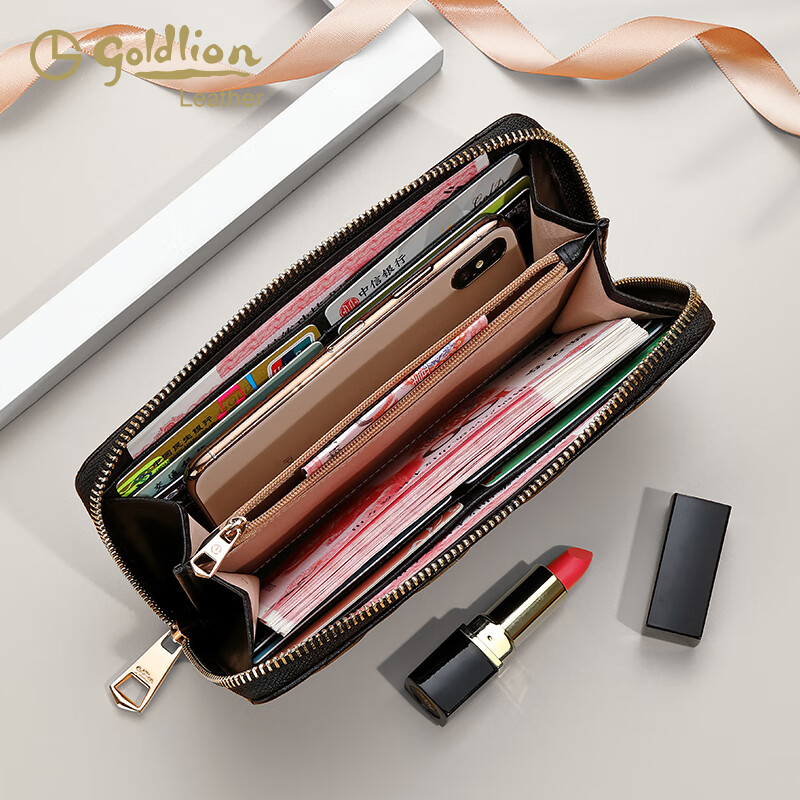 Goldlion long wallet for women 2025 new style cowhide clutch bag small fragrant rhombus wallet multi-card slot wallet trendy black.