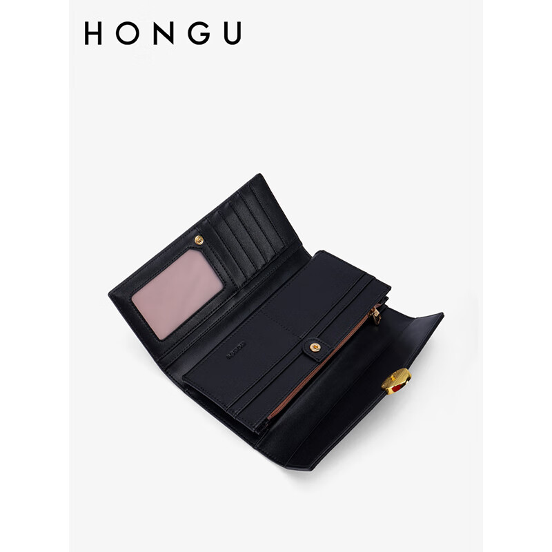 Honggu (HONGU) New Cowhide Wallet Women's Long Fashionable Versatile Wallet Three-fold Multifunctional Wallet Small Clutch Clutch Black