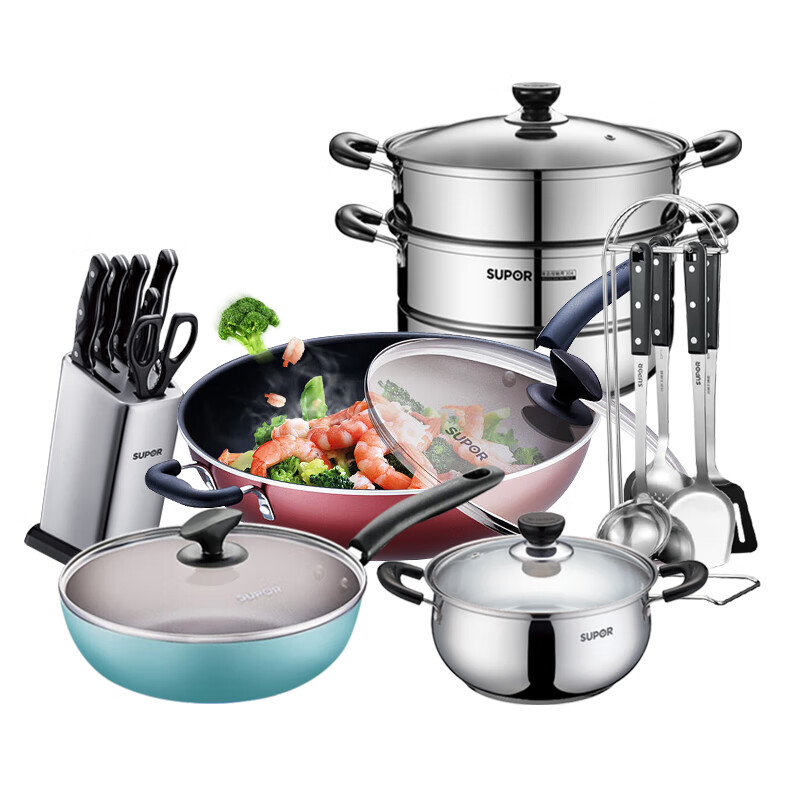 Supor pot set, large non-stick pan, no oil smoke, frying pan, frying pan, soup pot, knife, spatula and spoon set, 17-piece set, 32 cm wok, 16-piece set