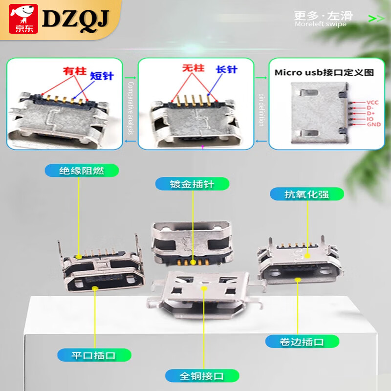 Flat mouth curled Micro USB socket MK5P female socket 2P pin patch direct plug horn microphone interface Android vertical plug-in board two fixed feet length 2.0 flat mouth (5 pieces)