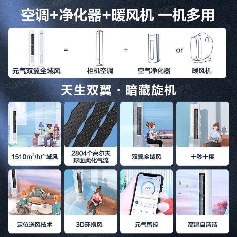 Haier air conditioning set produced by Zhijia Commander vertical cabinet three rooms and one living room energy-saving frequency conversion new level energy efficiency heating and cooling household three rooms and two living rooms self-cleaning Yuanqi cabinet unit + hang-up unit three rooms and one living room full first-level energy efficiency 3 hp cabinet unit + 1.5 hp on-hook unit*3