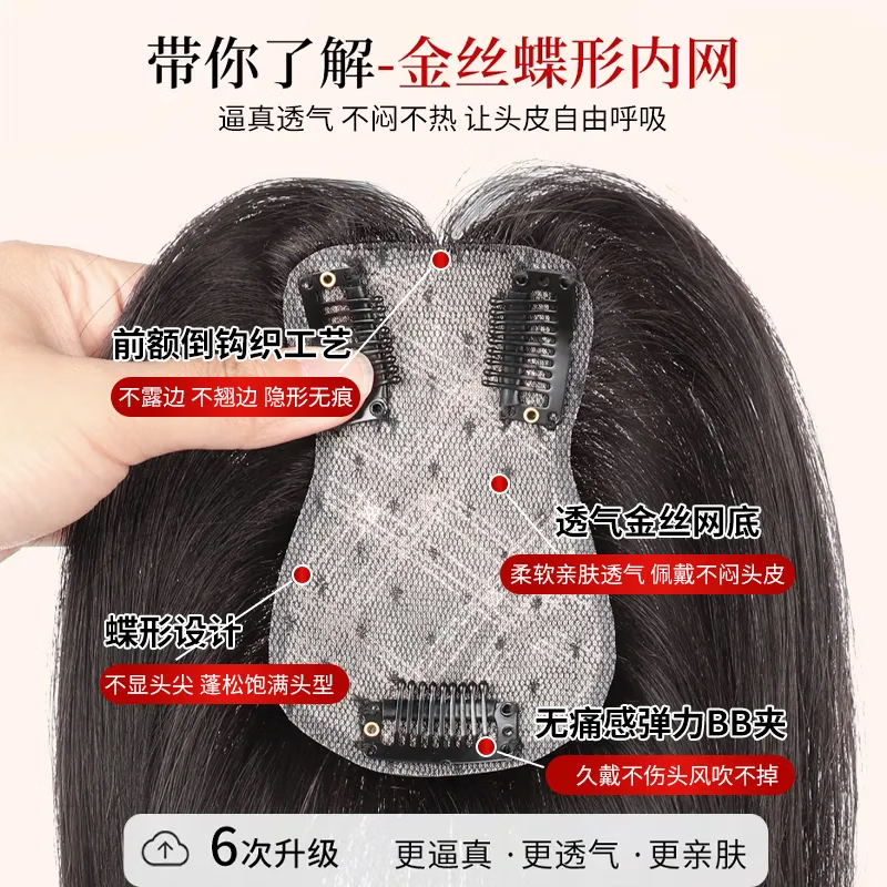 Tang Ni hand-needle bangs wig for women, top of head replacement, simulated human hair, natural, light and fluffy, covering white hair, seamless replacement, wearable in all seasons - temperament, middle parted style - natural black
