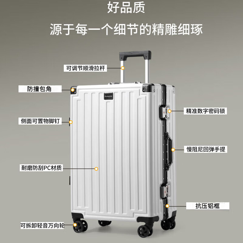 Kangaroo aluminum frame with LOGO suitcase, large capacity trolley case for men and women, pressure-resistant and wear-resistant password suitcase, hard-shell leather suitcase, deep space gray, with LOGO/thickened case, 24 inches, gold size/recommended by the store manager